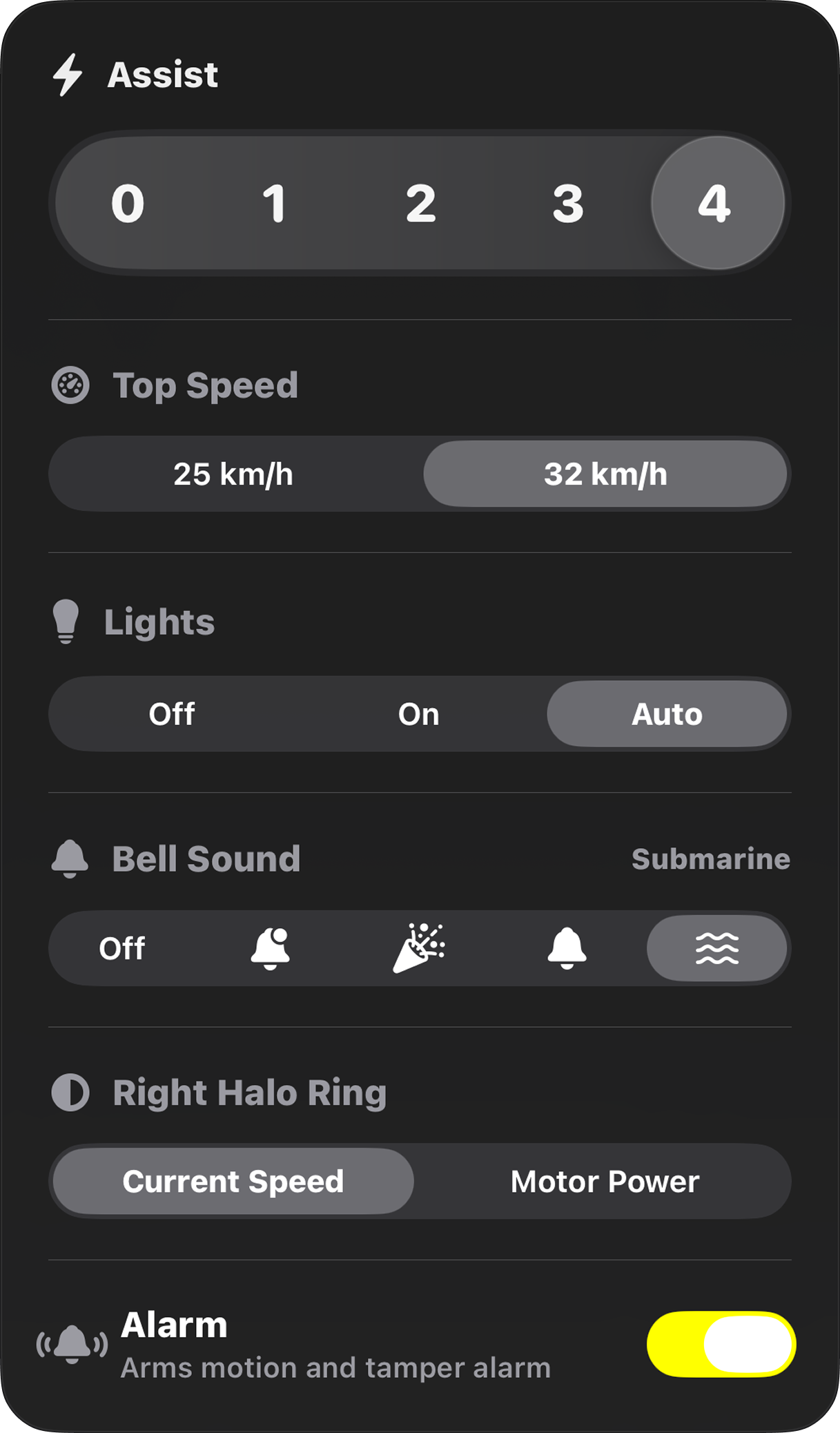 VanMoof controls in Moofie: assist level, top speed 25 or 32 km/h, lights, bell sound, halo ring and alarm