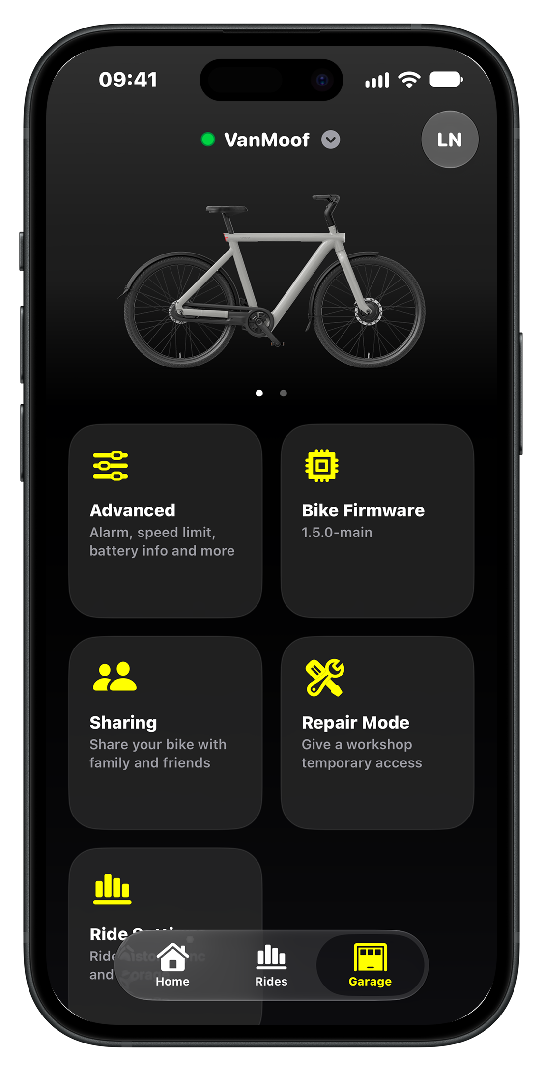 Moofie garage for a VanMoof S5 with firmware, sharing and repair mode