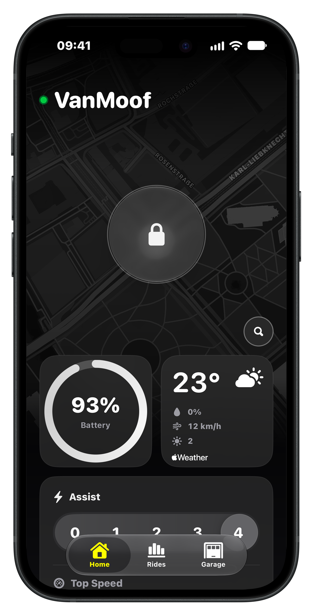 Moofie VanMoof app home screen with unlock button, battery level and weather